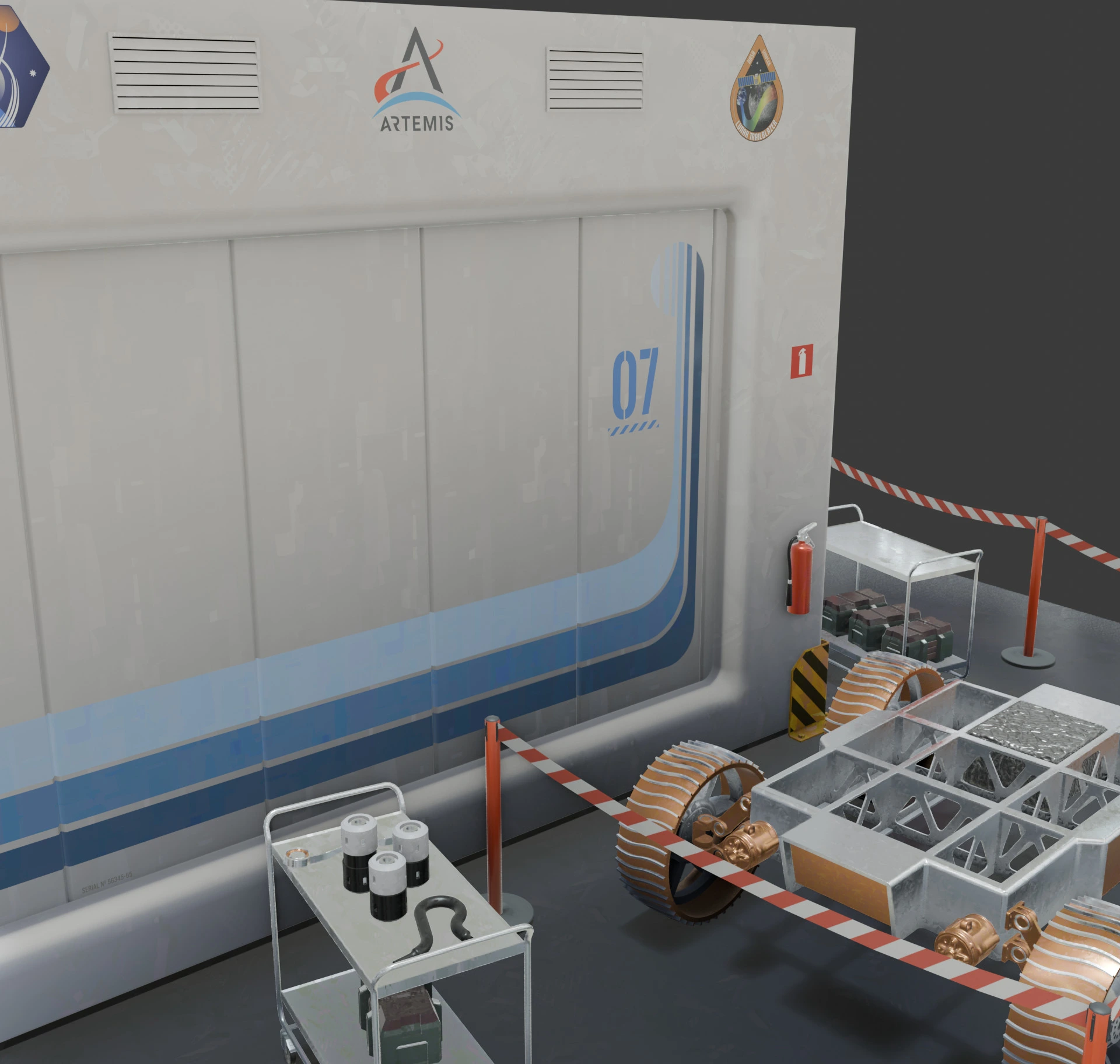 Rendered image of a cleanroom environment from the Cosmic Careers game, showing a large white sliding door with '07' on it, an Artemis logo, ventillation panels, and scientific equipment on carts. A lunar rover, partially visible, is parked behind a striped safety barrier. This image illustrates the Cleanroom Kit delivered for the game.