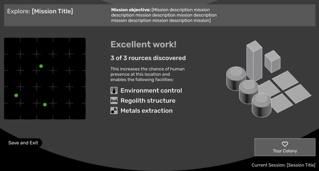 User interface mockup for end-of-mission debrief oulining player performance.