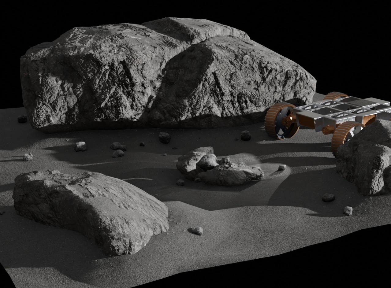 Rendered image of the lunar surface environment from the Cosmic Careers game, depicting a desolate, rocky terrain with a small lunar rover to the right. The landscape includes large and small rocks scattered across a sandy surface, with dramatic shadows cast by the objects. This image illustrates the Lunar Surface Kit delivered for the game.