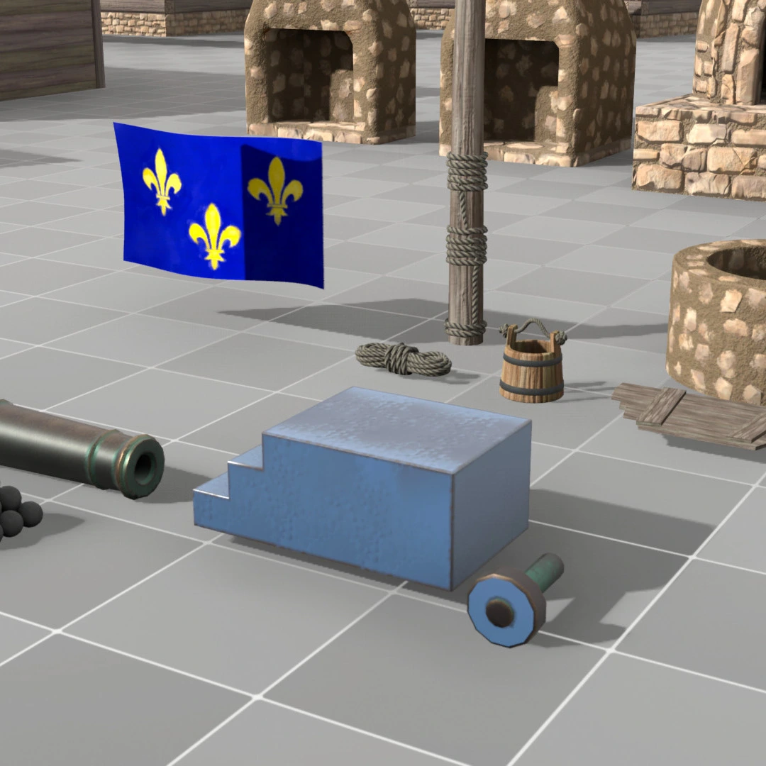 A collection of 3D model components for the Fort Duquesne kit, including a cannon, well, and French flag, arranged on a grid.