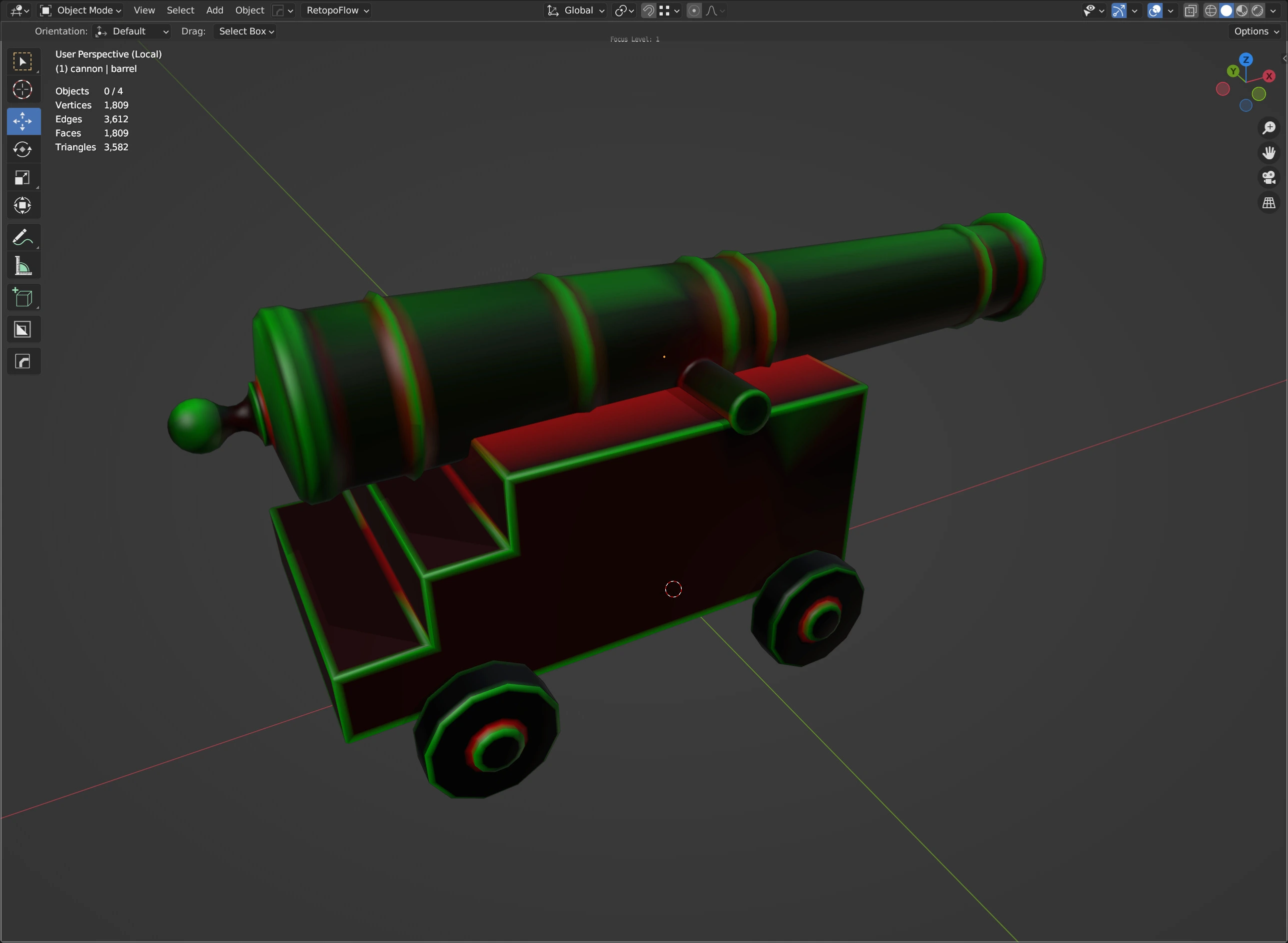 The 3D model of the cannon with vertex colors displayed as red and green gradients to control material properties.