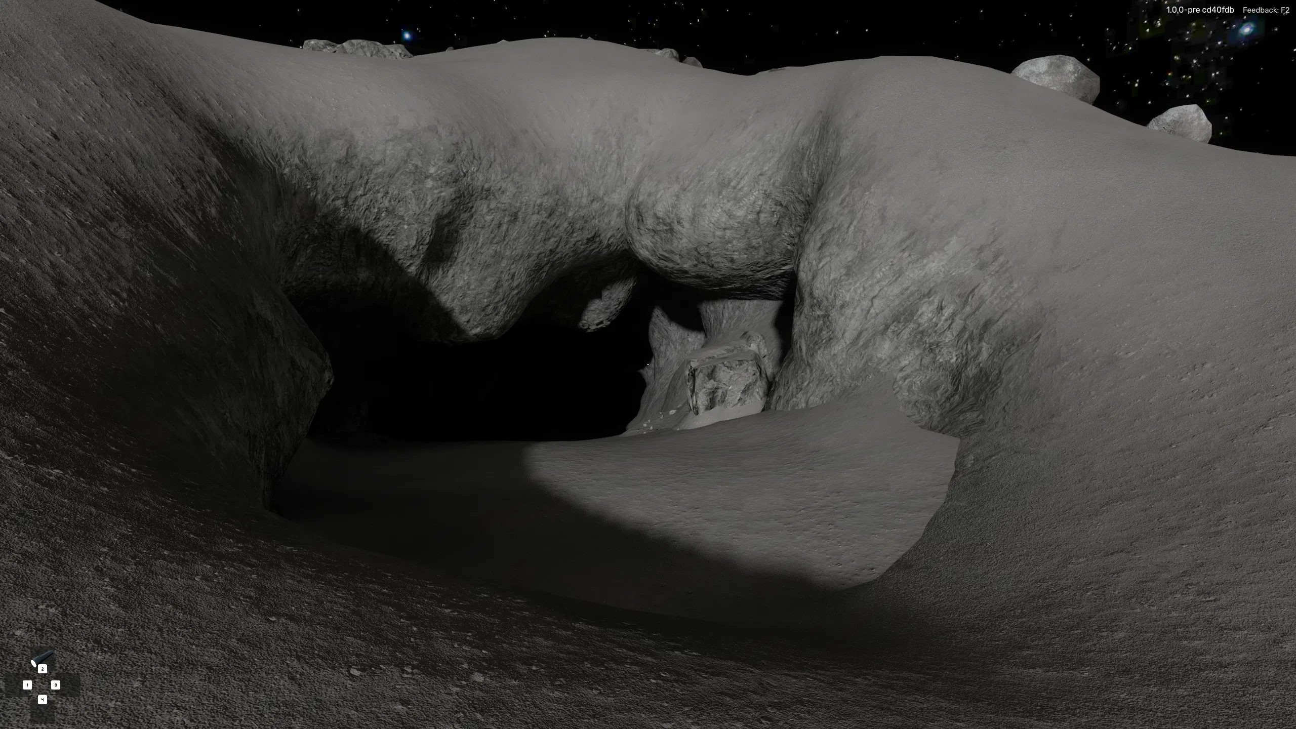 The dark, rocky entrance to a lavatube on the moon.