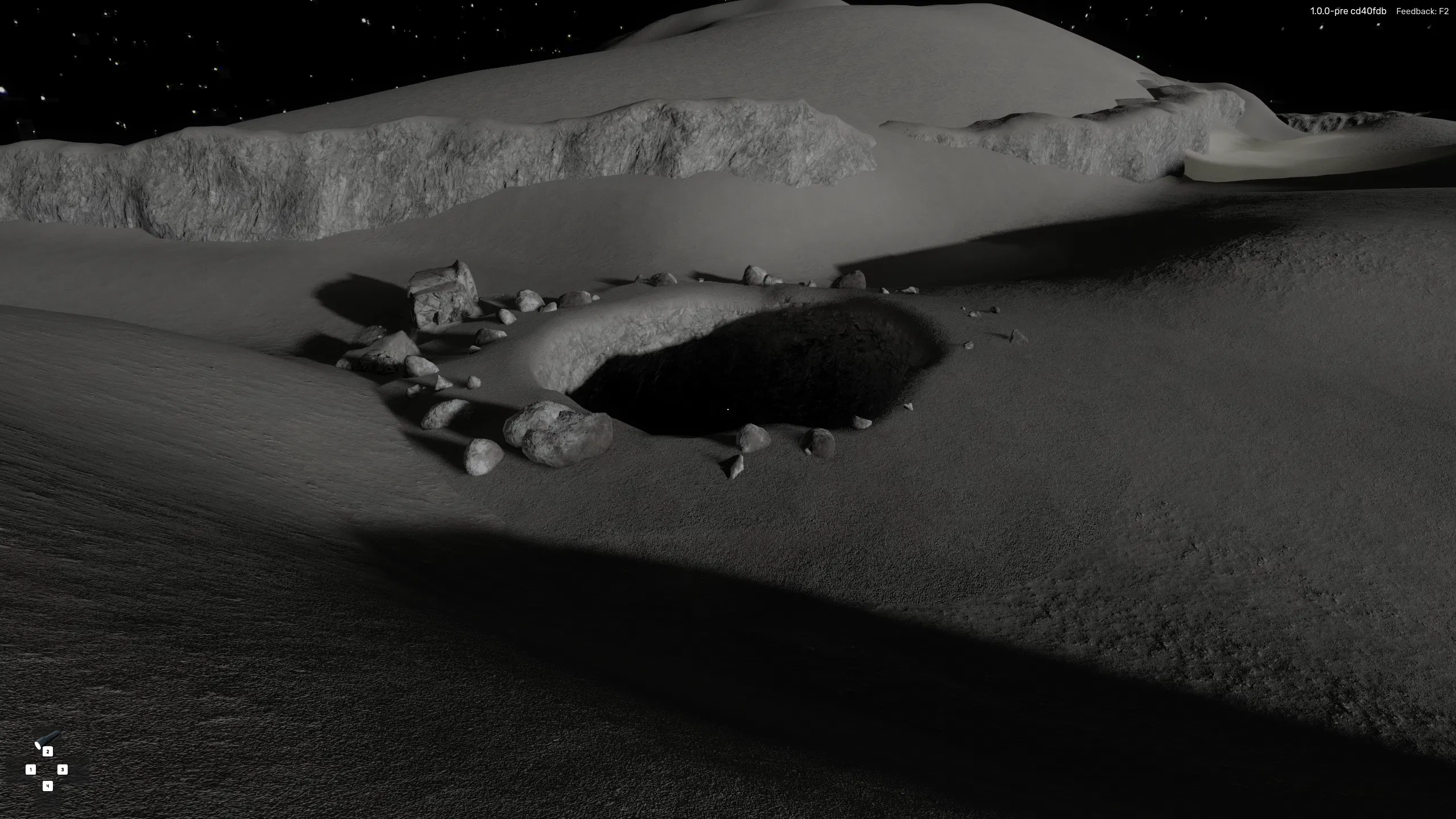 An opening in the lunar surface, like a cave mouth or skylight, surrounded by rocks, leading down into a dark lavatube.